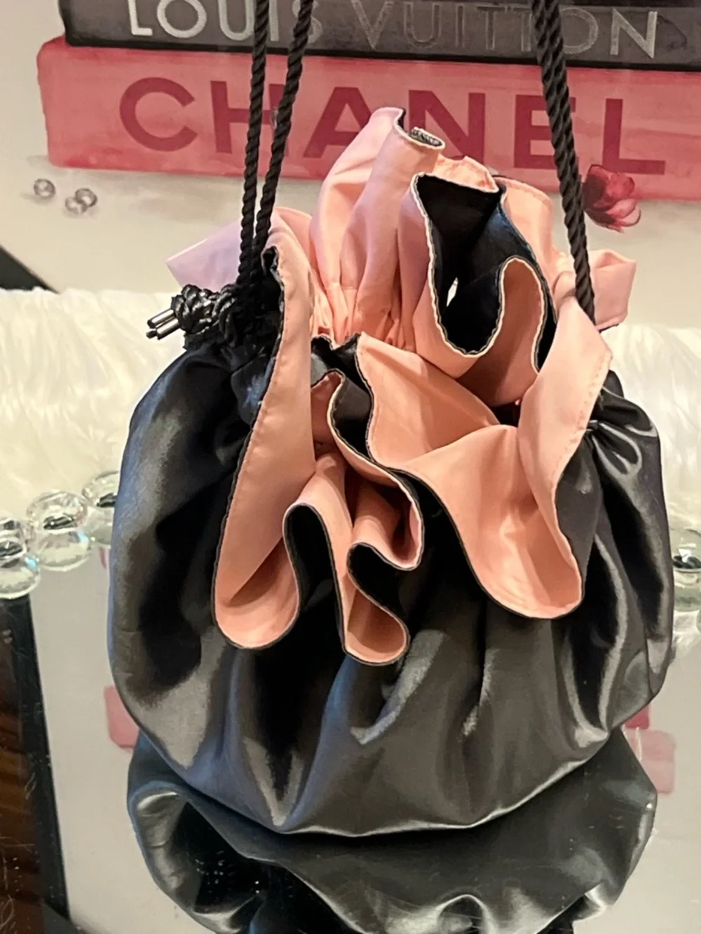 ANNICK GOUTAL Italy Elegant Satin gray and Pink Ruffle travel makeup bag